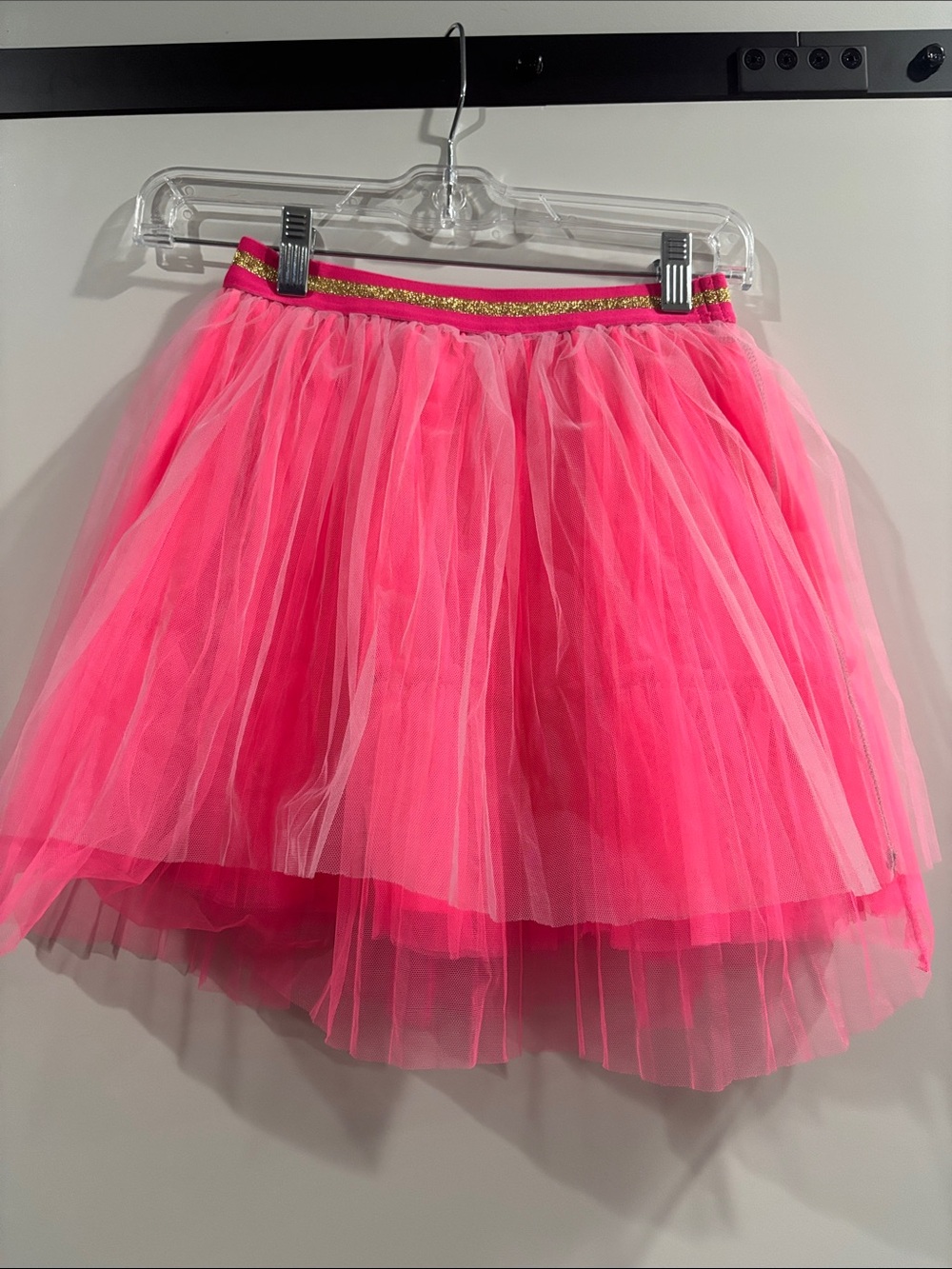 Bright Pink Tulle Skirt with Gold-Trim Waistband